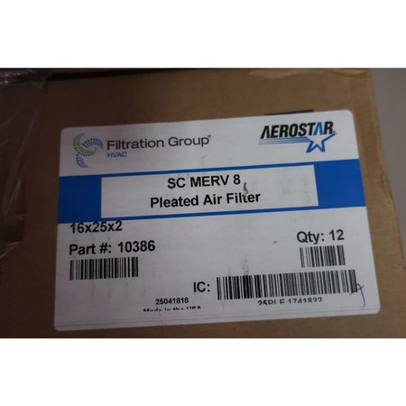 Aerostar Filtration PLEATED AIR FILTER SC MRFV 8 25X16X2 PNEUMATIC FILTER ELEMENT, 12PK HE40-6502